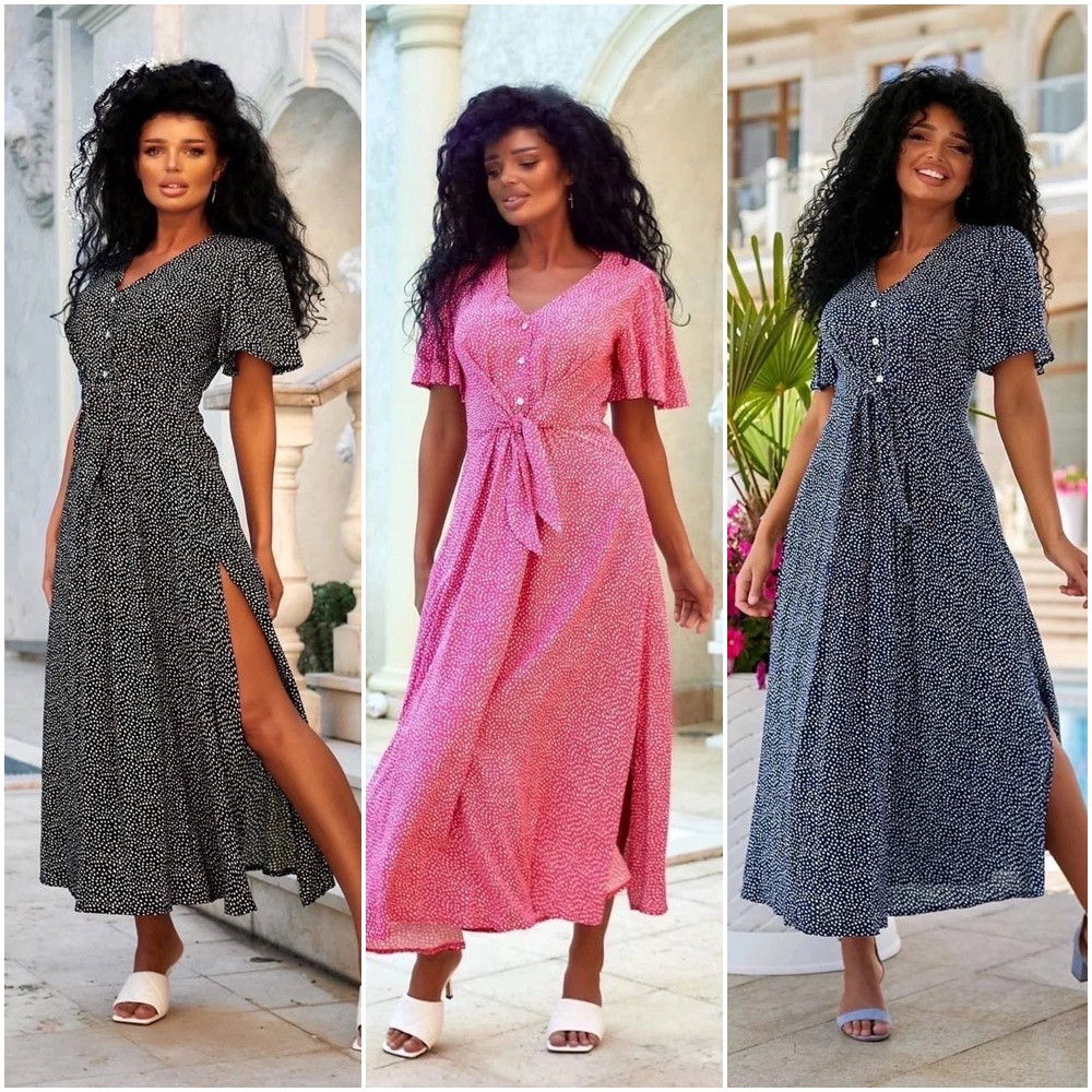 Неймовірно жіночне легке літнє приталене максі в горошок