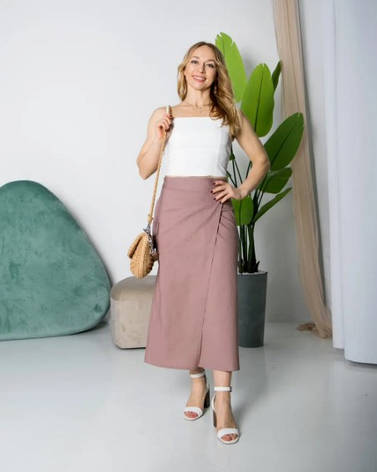 Класична жіноча спідниця на запах "Ніла" із льняної тканини в бежевому кольорі з високою посадкою, фото 1