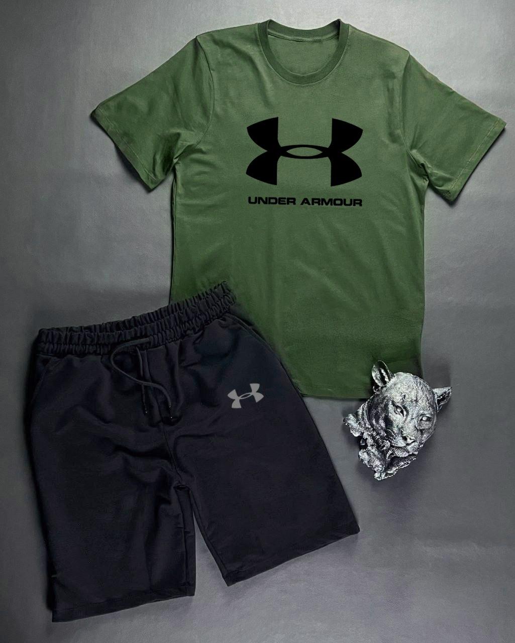 Чоловічий літній костюм Under Armour Футболка + Шорти зелений з чорним Комплект Андер Армор на літо