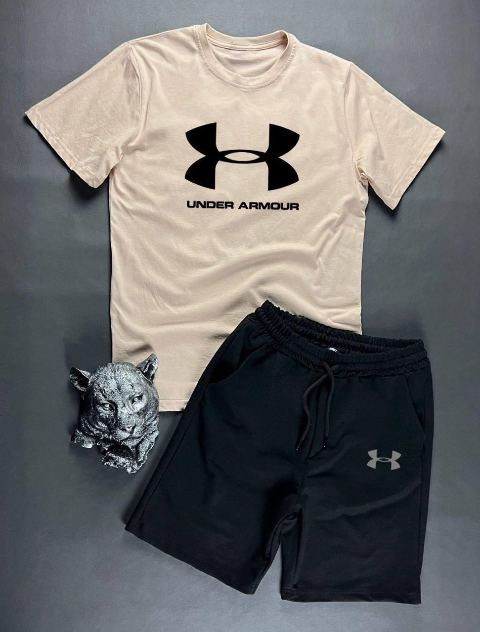 Чоловічий літній костюм Under Armour Футболка + Шорти бежевий з чорним Комплект Андер Армор на літо