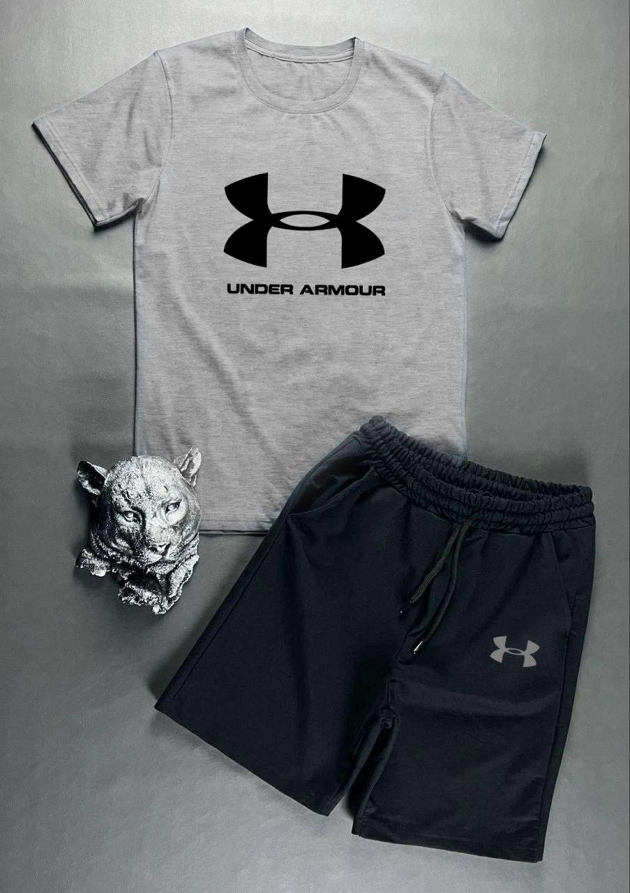 Чоловічий літній костюм Under Armour Футболка + Шорти сірий з чорним Комплект Андер Армор на літо, фото 1