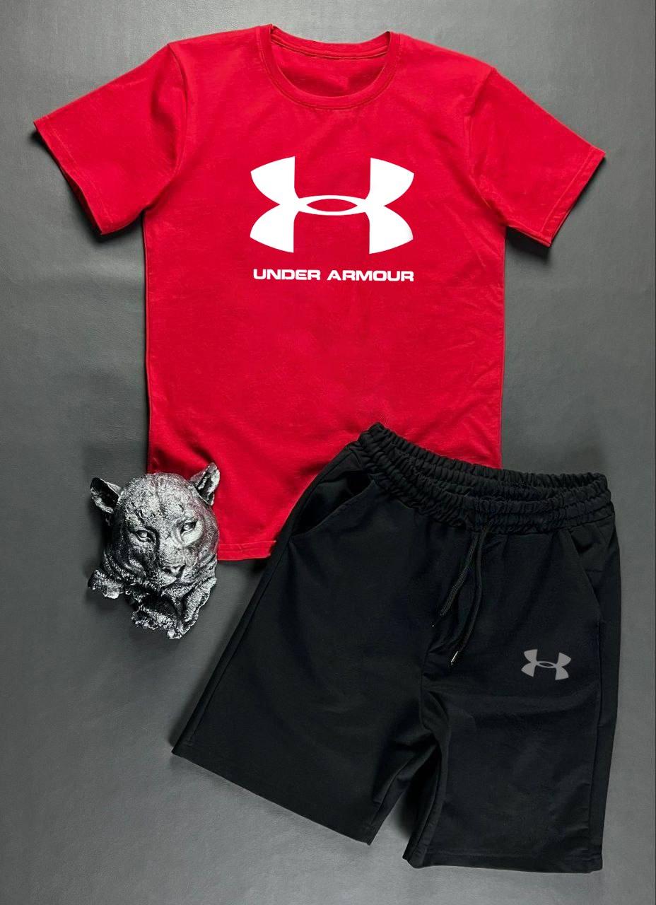 Чоловічий літній костюм Under Armour Футболка + Шорти червоний з чорним Комплект Андер Армор на літо