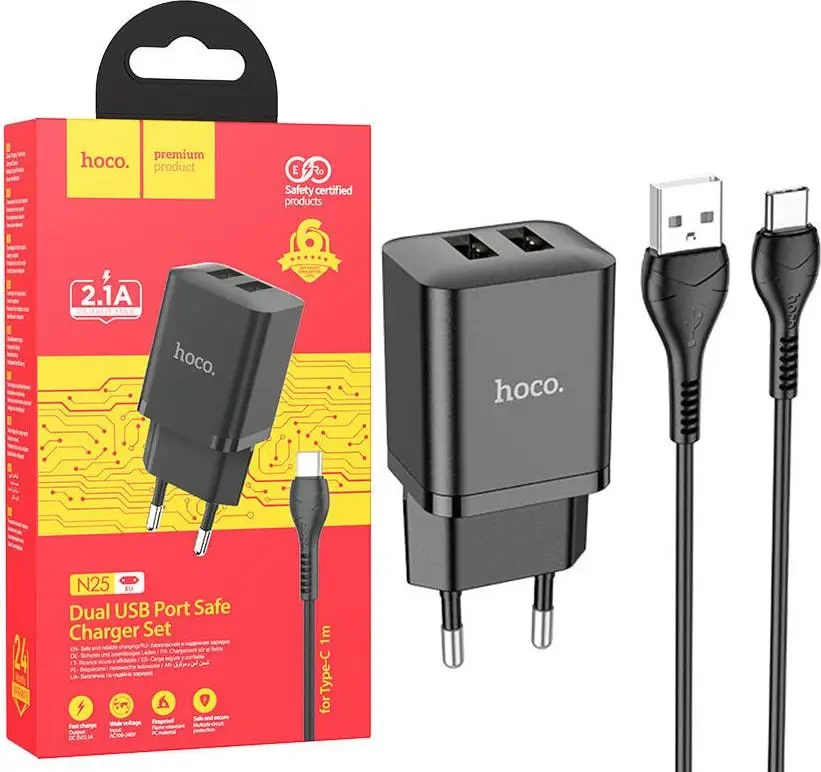 Мережевий зарядний пристрій Hoco N25 Maker Type-C 2USB (Чорний)