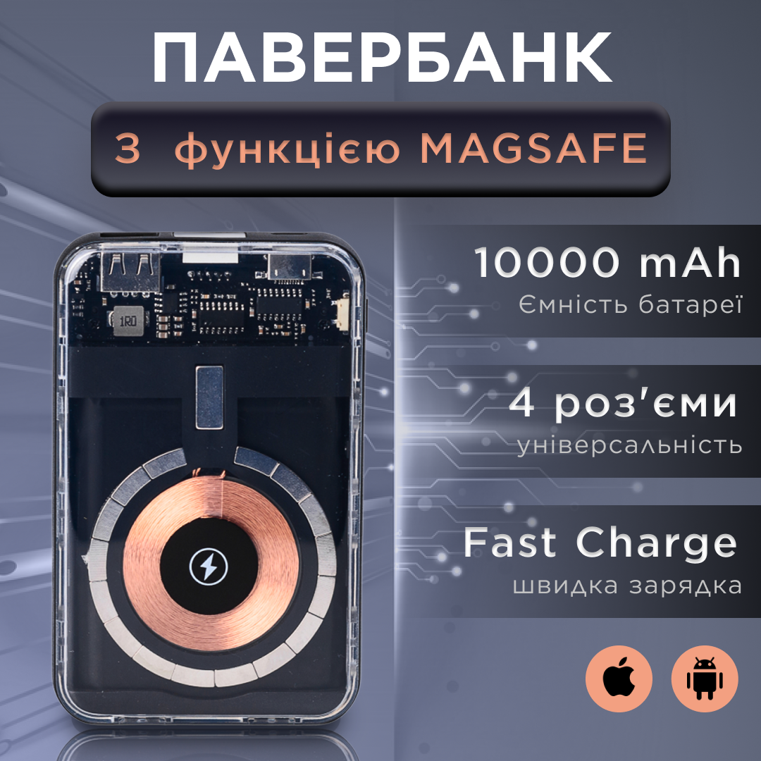 Повербанк з магсейф бездротової зарядки для телефону power bank 10000mah пауербанк магнітна зарядка Lugi