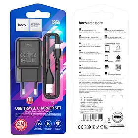 Мережевий зарядний пристрій Hoco C96A Type-C 1USB 2.1A EU (Чорний)