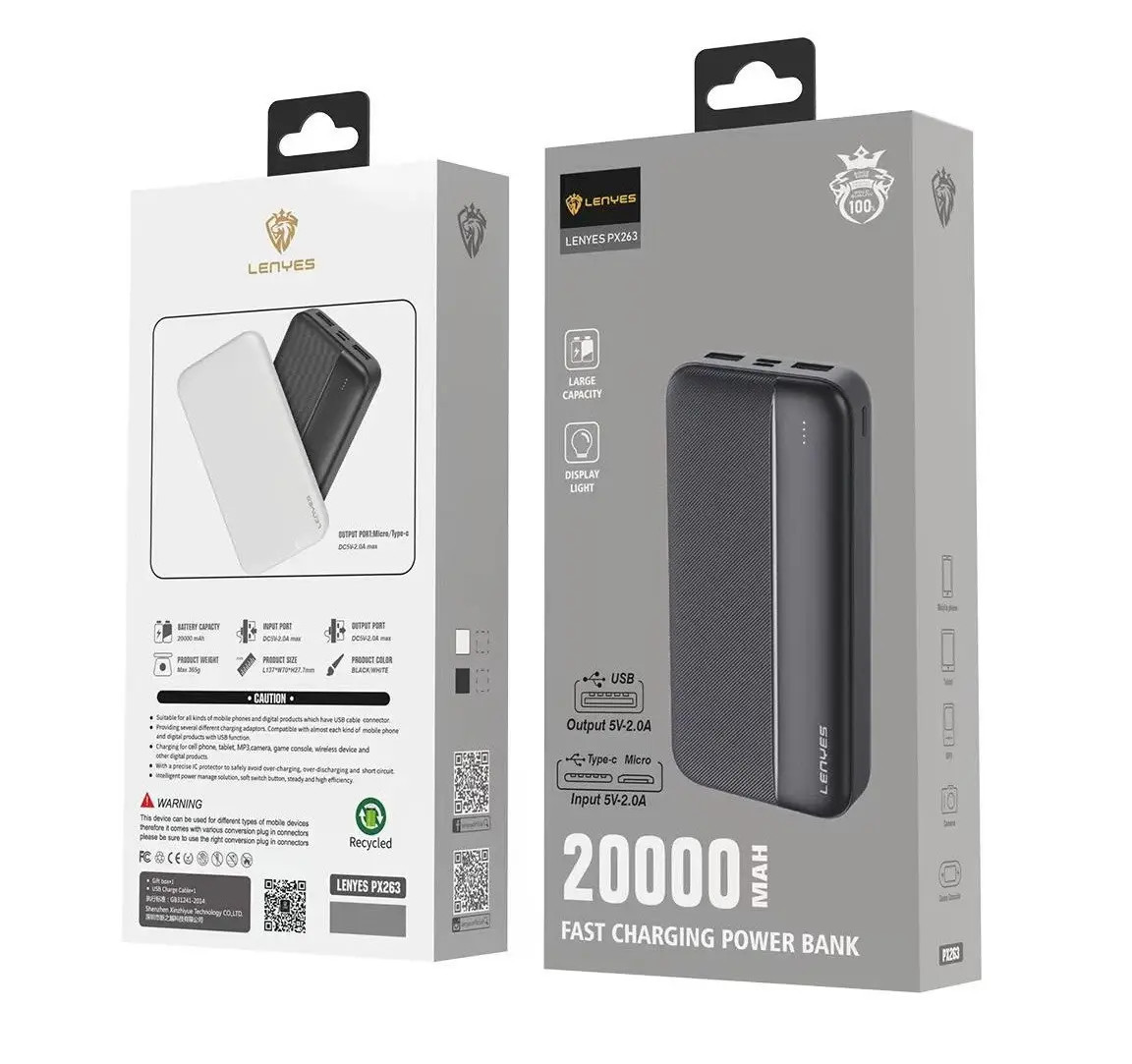 Повербанк Power Bank Lenyes 20000 mAh-263 (Реальна ємність) 2хUSB, MicroUSB, Type-C Чорний Lvr 207138