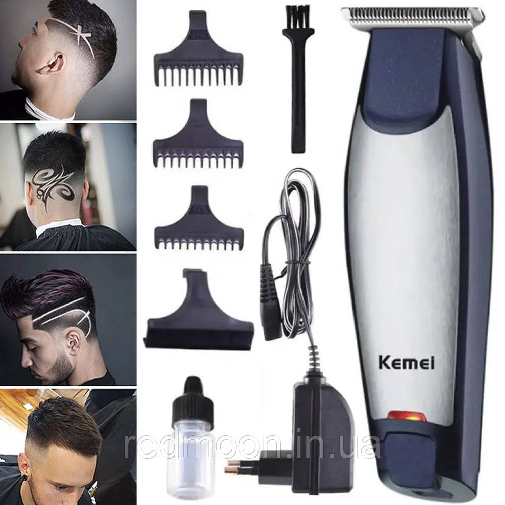 Акумуляторна машинка для стрижки волосся + 3 насадки Kemei KM-5021 / Тример для бороди / Бездротовий тример, фото 1
