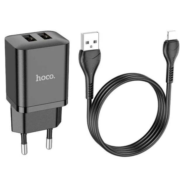Мережевий зарядний пристрій Hoco N25 Maker Lightning 2USB (Чорний)