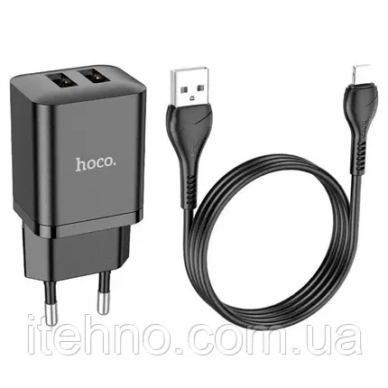 Мережевий зарядний пристрій Hoco N25 Maker Lightning 2USB (Чорний), фото 1