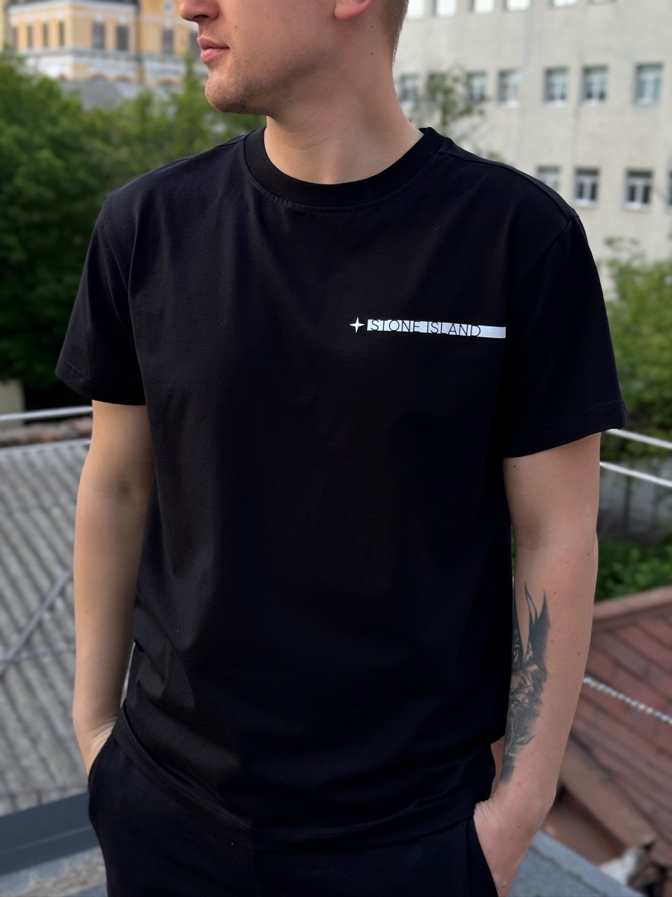 Чоловічі футболки Stone Island Micro чорна бавовняна Тініс Стон Айленд на літо