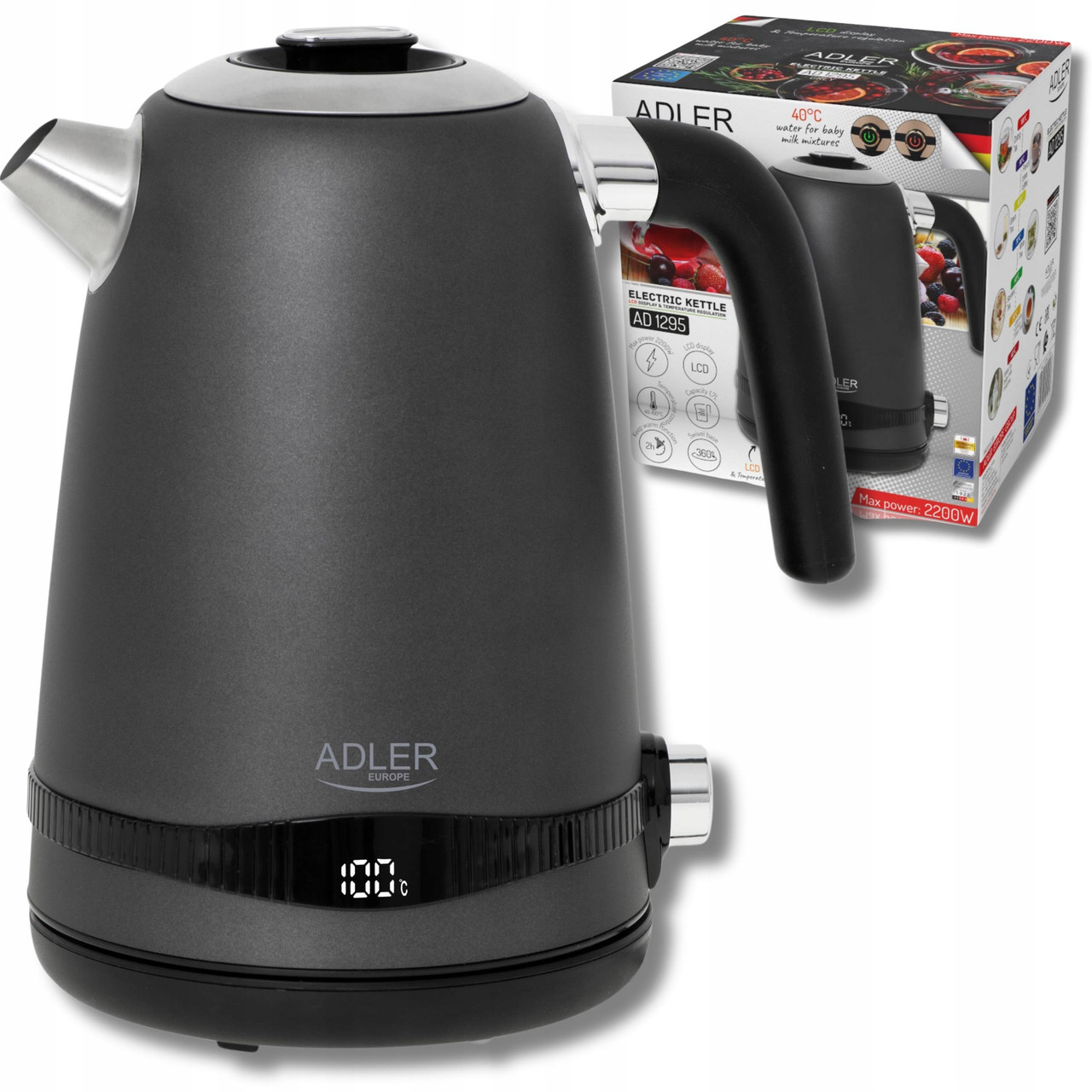 Електрочайник Adler AD 1295g — 1,7 л, 2200 Вт, LCD-дисплей, регулювання температури 40–100 °C