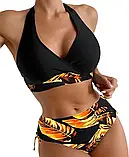 Роздільний чорний купальник ліф на зав'язках та високі плавки з принтом листя, фото 4