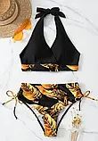 Роздільний чорний купальник ліф на зав'язках та високі плавки з принтом листя, фото 2