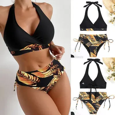 Роздільний чорний купальник ліф на зав'язках та високі плавки з принтом листя, фото 1