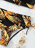 Роздільний чорний купальник ліф на зав'язках та високі плавки з принтом листя, фото 5