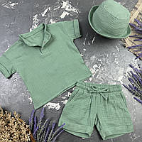 Мусліновий літній костюм muslin cotton BEWARM дитячий шорти + футболка + панамка Хакі