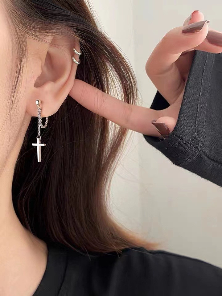 Сережки Хрестики з ланцюжком, довгі сережки-гвоздики з хрестом, срібне покриття 925 проби