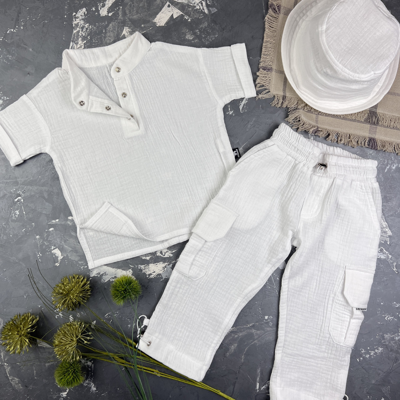 Мусліновий літній костюм дитячий muslin cotton BEWARM штани + футболка + панамка Білий