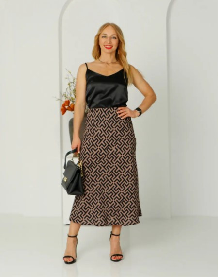 Спідниця літня жіноча трапеція бежевого кольору "Альбіна" в чорний принт розміри від 44 до 52