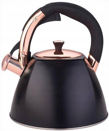 Чайник 3л із нержавіючої сталі зі свистком та ручкою soft touch чорний KM-0864, фото 1
