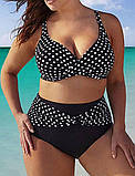 Жіночий роздільний купальник чорний в горошок із завищеною талією (розміри L-5XL) – універсальний фасон і зручна посадка, фото 2