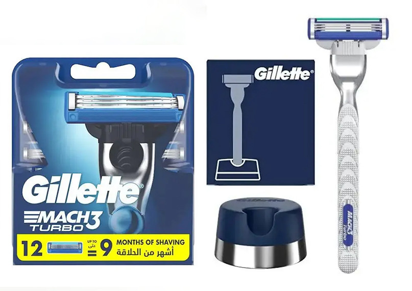 Змінні касети Gillette Mach3 Turbo (12 шт.) + Тримач Gillette + Станок Gillette Mach3 Turbo