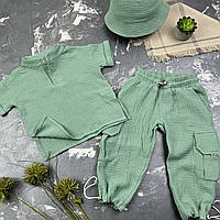 Мусліновий літній костюм дитячий muslin cotton BEWARM штани + футболка + панамка Хакі