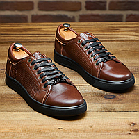 Мужские летние кожаные кеды (перфорация) коричневые, дышащие на лето для мужчин, размеры 40-45