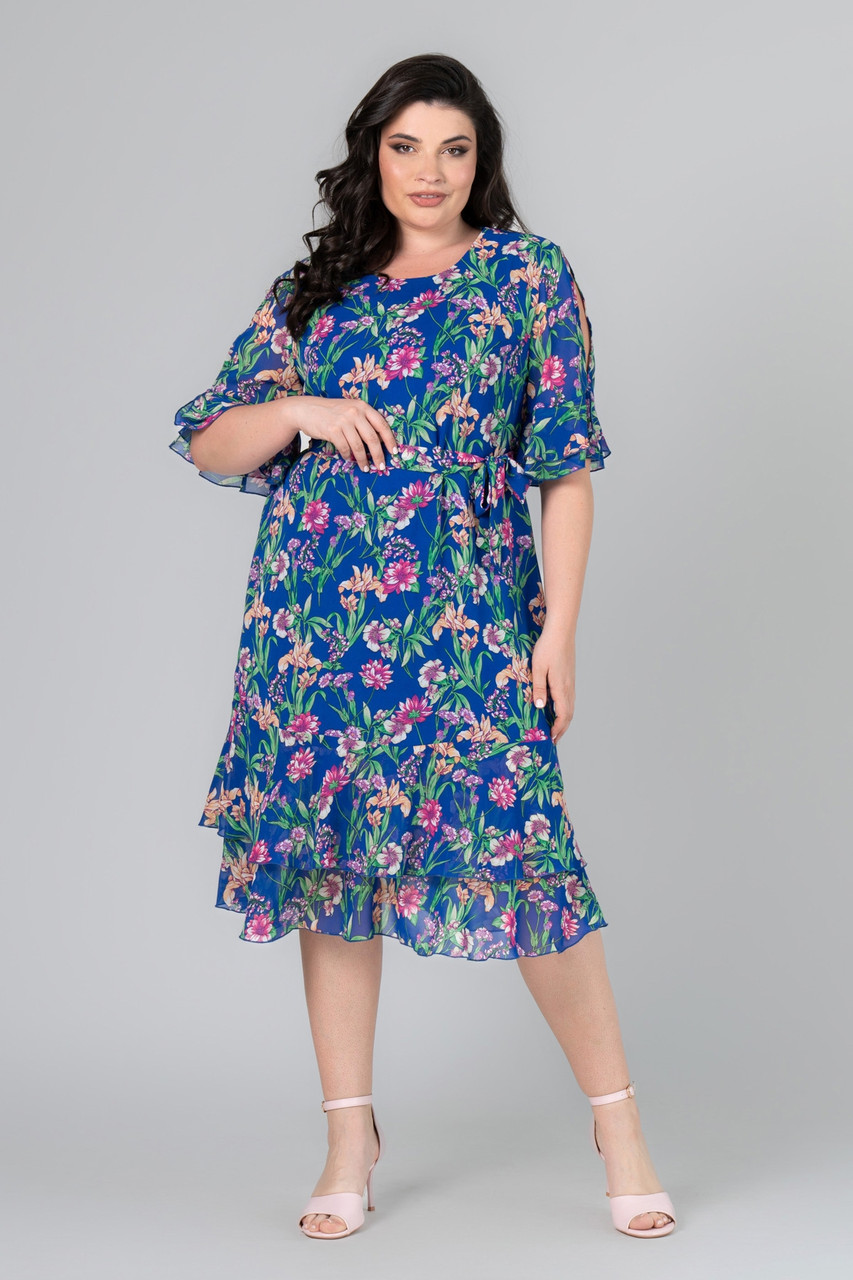 Літня вільна сукня Меган прямого силуету з шифону з воланами і поясом батал великі розміри 50-56 різні кольори, фото 1