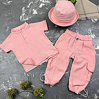 Мусліновий літній костюм дитячий muslin cotton BEWARM штани + футболка + панамка Рожевий