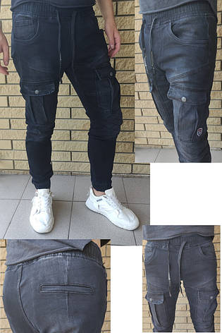Джогери, джинси з поясом на гумці, з накладними кишенями карго демісезонні, стрейчеві унісекс FANGSIDA, фото 1