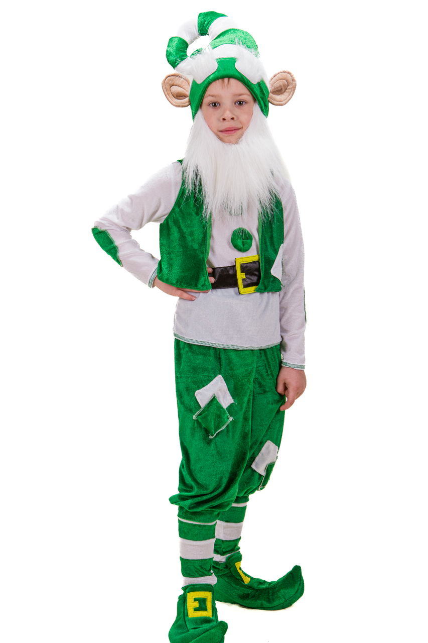 Дитячий новорічний маскарадний костюм зеленого гноміка №3 для хлопчика з велюру р. 110-130