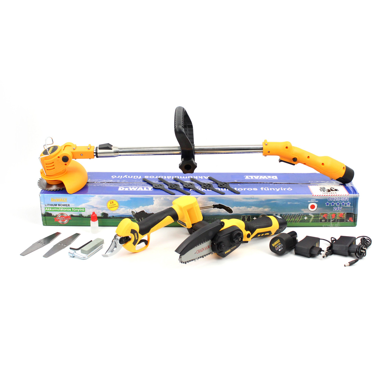 АКБ набір 3в1 DeWalt (тример DCMST152N 24V + секатор DCMP240P1 12V + міні пила DCM150N 12V)