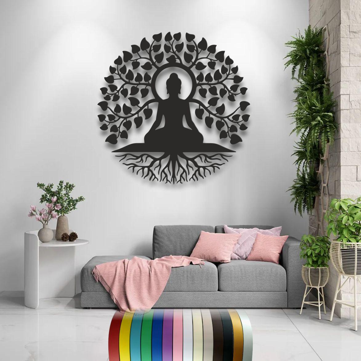 Панно 3D декоративне з об'ємом 15 мм для стін, Будда у кронах дерева, 60 х 60 см, Чорний, фото 1