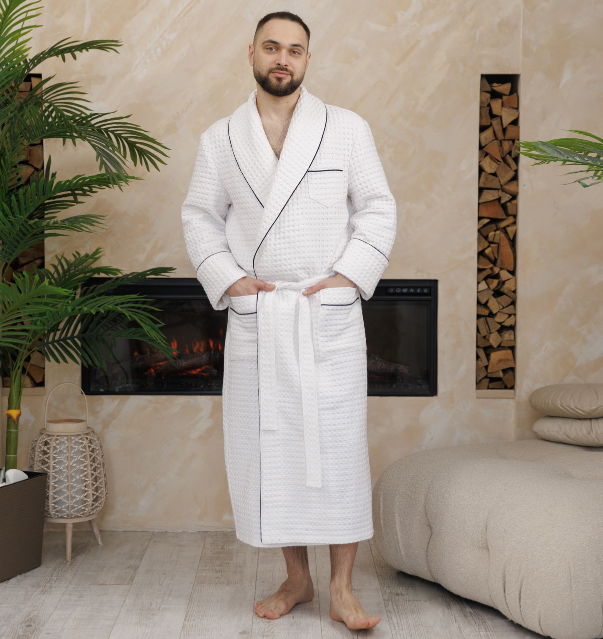 Натуральний вафельний чоловічий турецький халат білий, халати для готелів