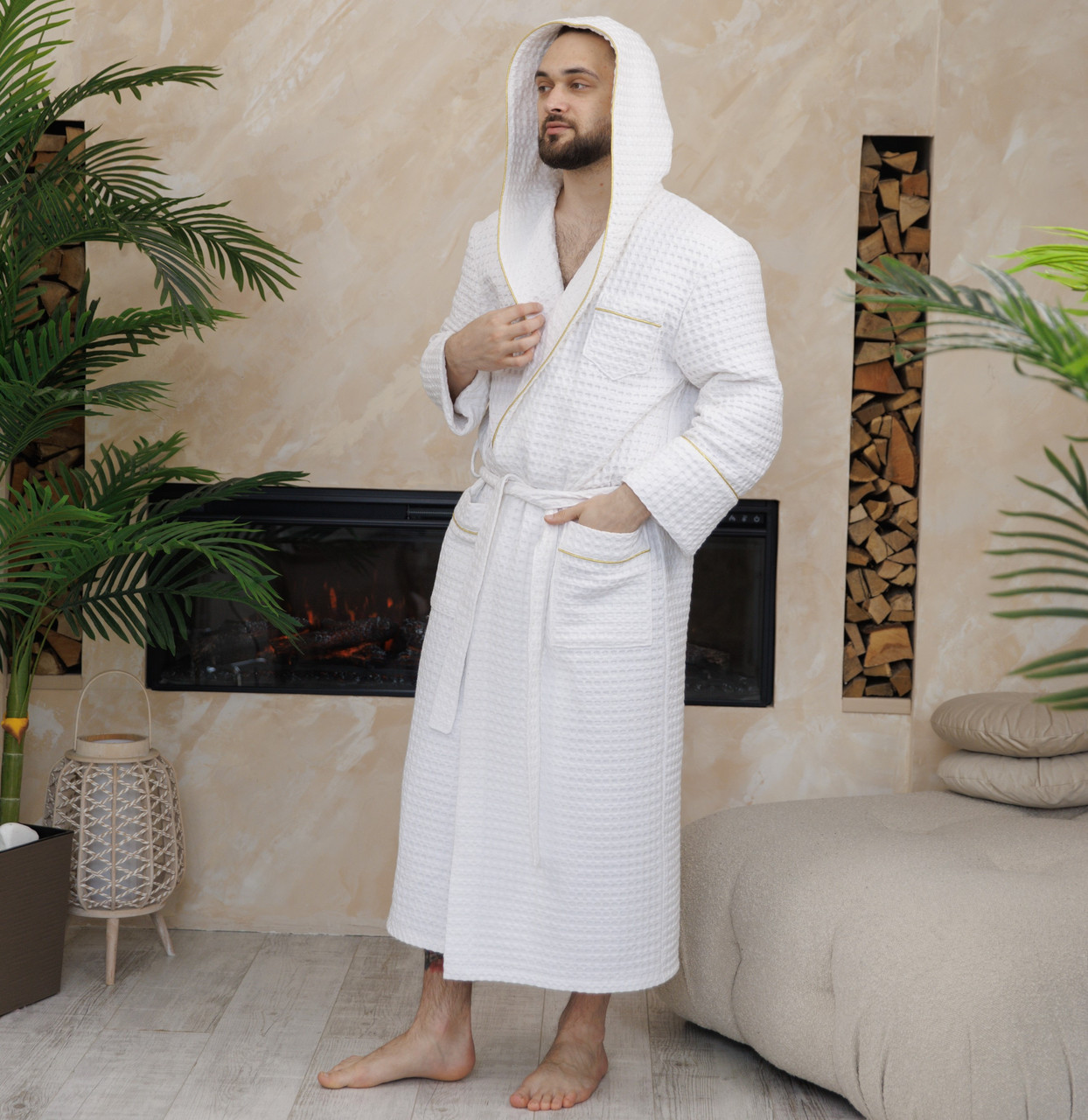 Натуральний вафельний чоловічий турецький халат білий з капюшоном, халати для готелів