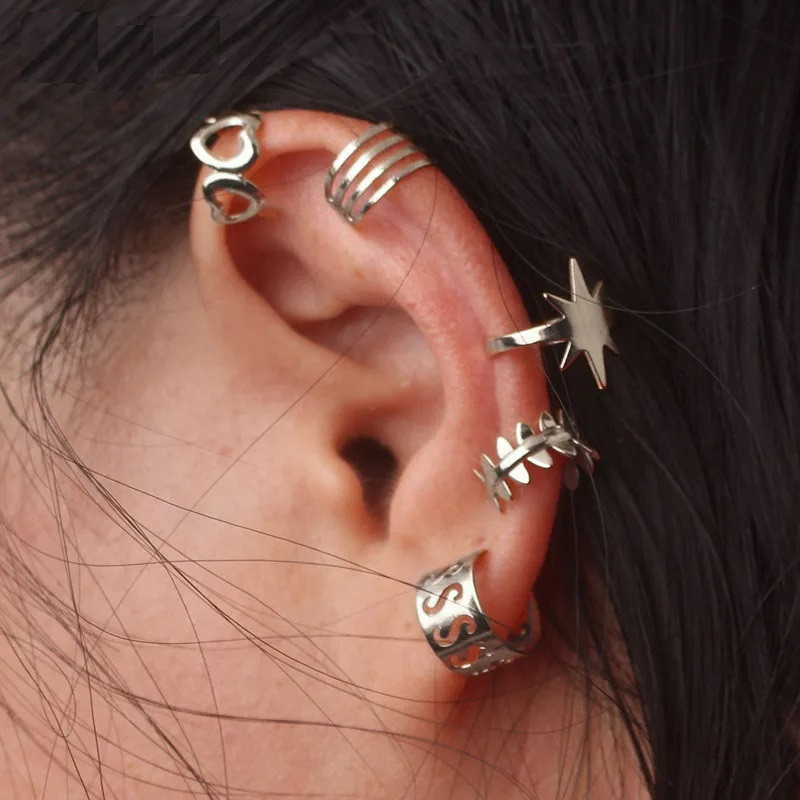 Набір каф сережки кліпси манжети для вуха 5 шт. колір срібло