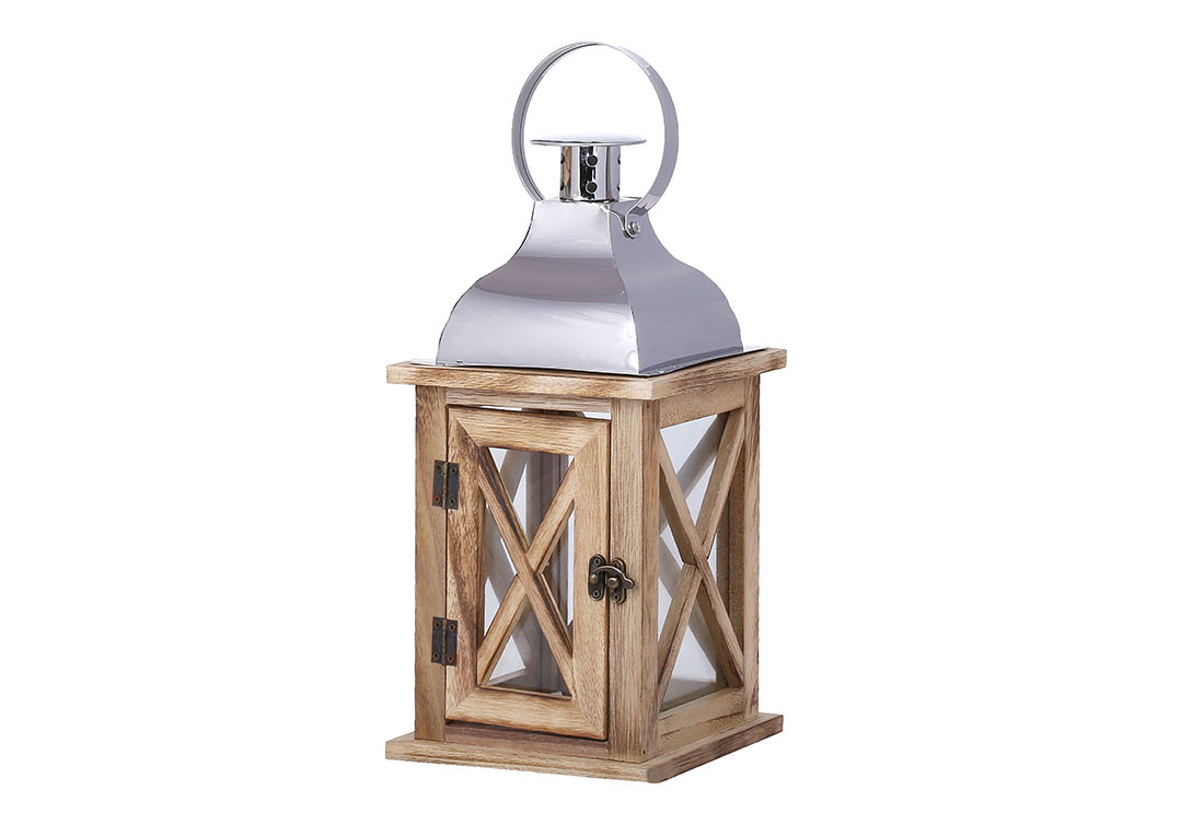 Підсвічник Ліхтар 33 см, колір — натуральне дерево з блискучим сріблом, фото 1