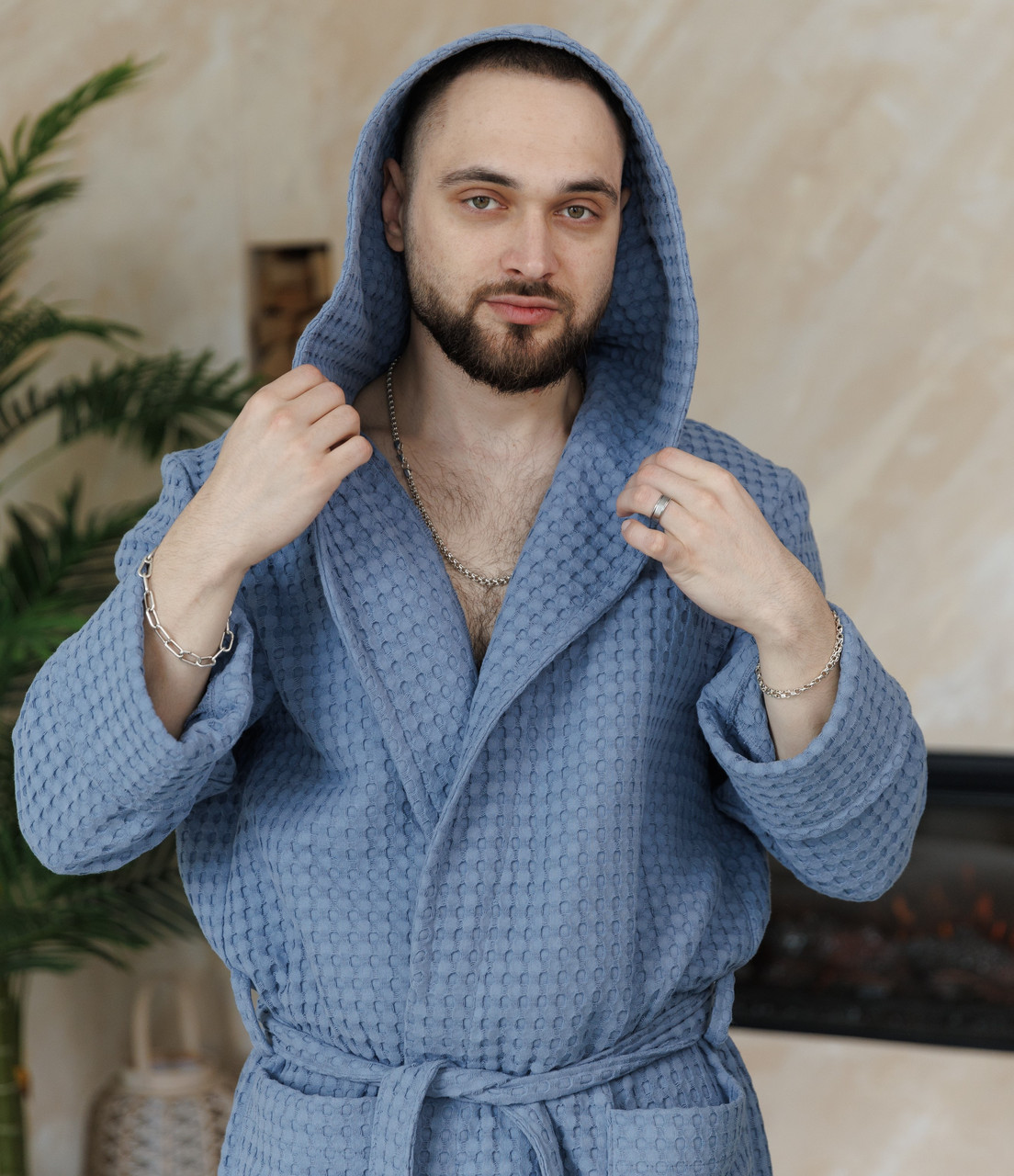 Натуральний турецький вафельний чоловічий халат з капюшоном, вафельні халати для бані