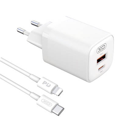 Мережевий зарядний пристрій XO L96 Lightning USB-C PD30W/1USB QC3.0 18W Швидка зарядка EU (Білий), фото 1