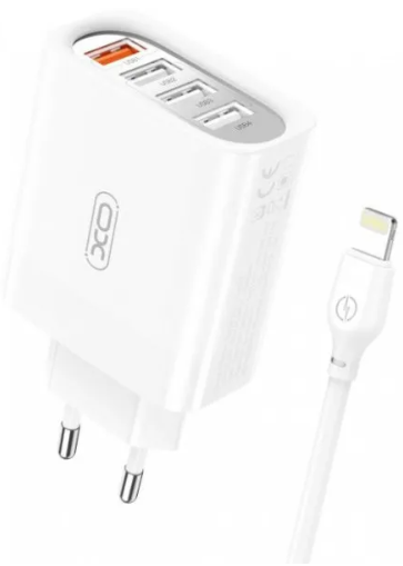 Мережевий зарядний блок з кабелем XO L100 Lightning 4USB (1USB QC3.0+3USB 2.4A) EU Швидка зарядка (Білий)
