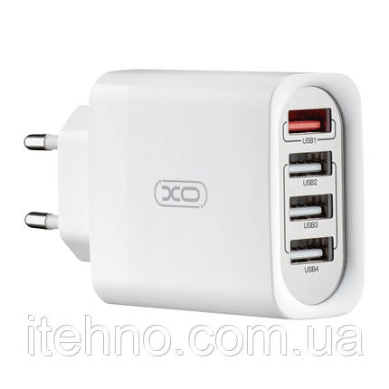 Мережевий зарядний блок з кабелем XO L100 Lightning 4USB (1USB QC3.0+3USB 2.4A) EU Швидка зарядка (Білий), фото 3