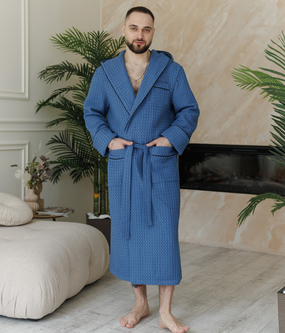 Натуральний преміум вафля турецький банний чоловічий халат з капюшоном, халат чоловічий для басейну