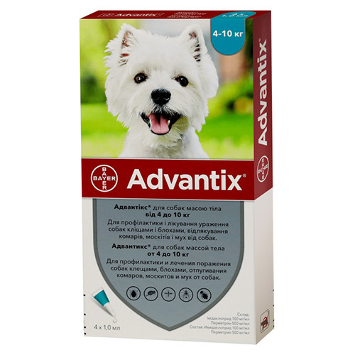 Bayer Advantix краплі від бліх і кліщів для собак вагою 4-10 кг 1 піпетка, фото 1