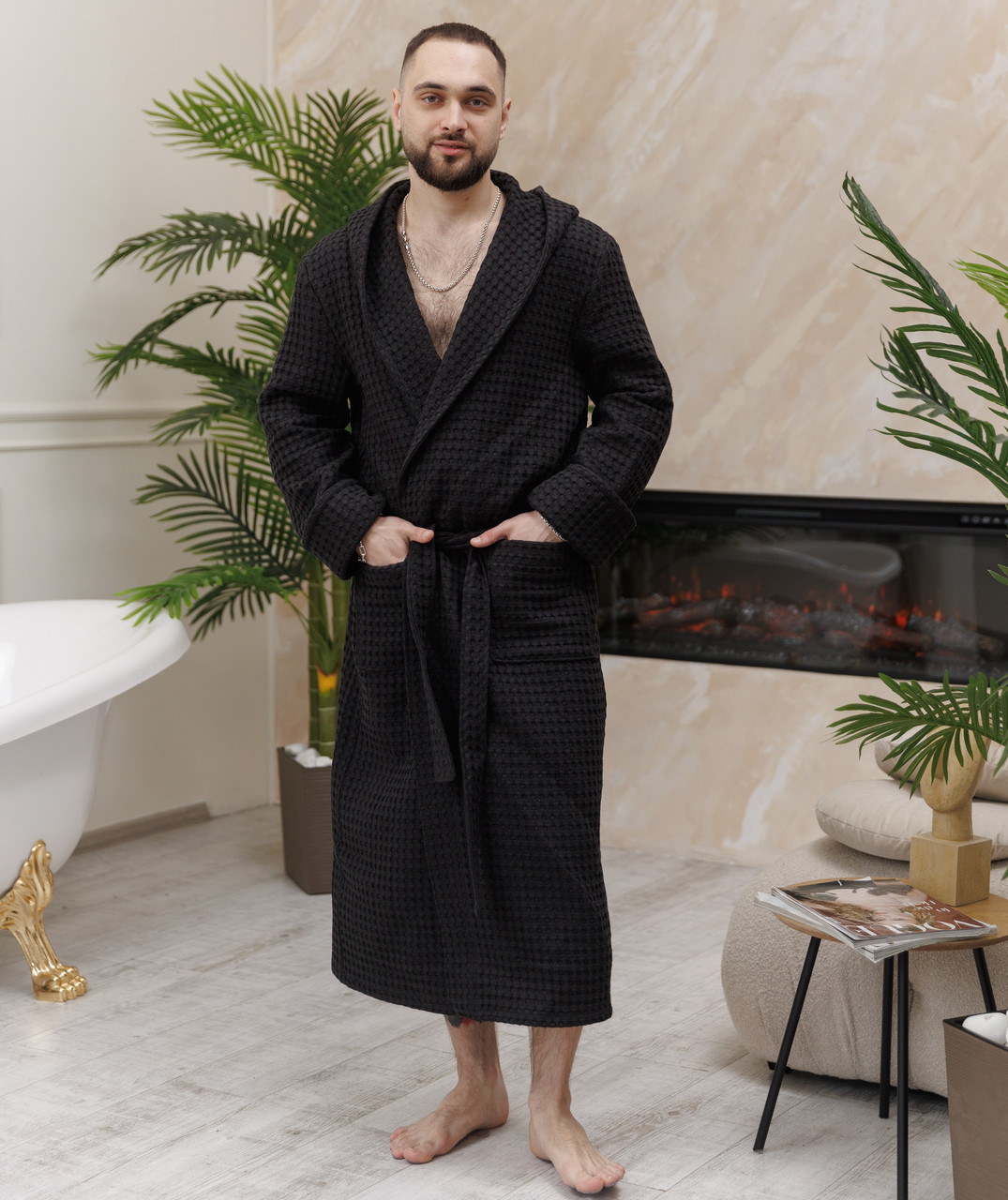 Натуральний преміум вафельний турецький банний чоловічий халат з капюшоном, халат чоловічий для басейну