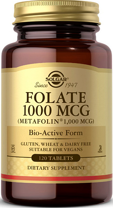 Фолієва кислота Solgar Folate 1000 mcg (metafolin 1,000 mcg) 120 таб, фото 1