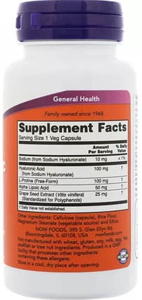 Гіалуронова кислота NOW Hyaluronic Acid 100 mg double strength 120 капс, фото 4