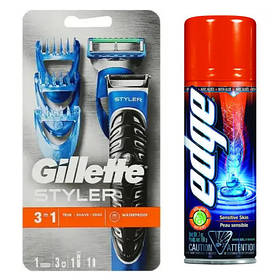 Подарунковий набір Gillette Fusion ProGlide Styler (1 касета + 3 насадки) + Гель для гоління Wilkinson Edge