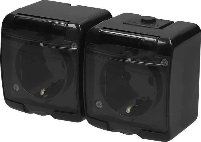 Двійна розетка Schuko ETI RHE-2sd-BL із заземленням, IP54, чорна/прозора кришка