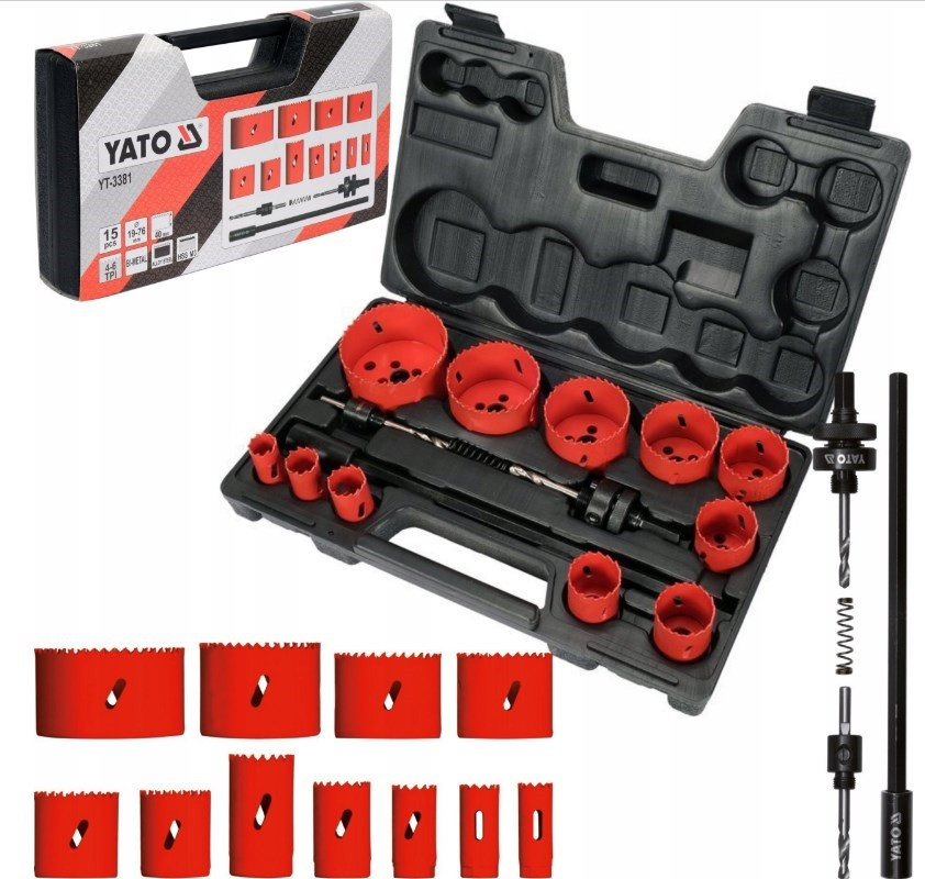 Біметалеві Коронки Ø 19, 22, 25, 32, 35, 38, 44, 51, 57, 64, 76 мм Набір 15 шт YATO (YT-3381), фото 1
